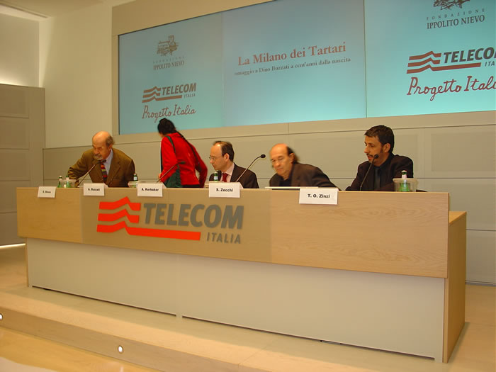 LA MILANO DEI TARTARI conferenza stampa<br>
Stanislao Nievo Almerina Buzzati Andrea Kerbaker<br>
Stefano Zecchi Th8Z centenario di Dino Buzzati
